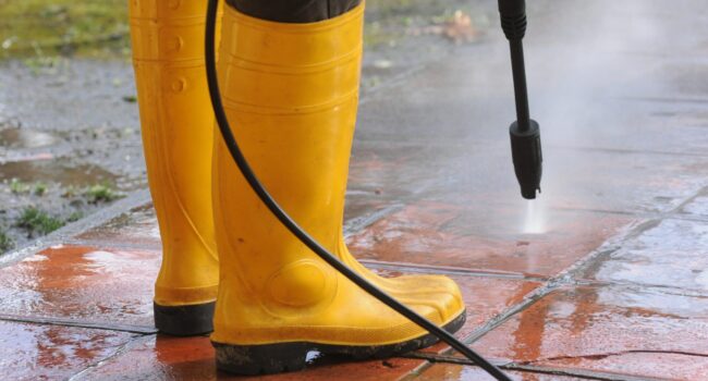 A person wearing yellow rubber boots with high-pressure water nozzle cleaning the dirt in the tiles